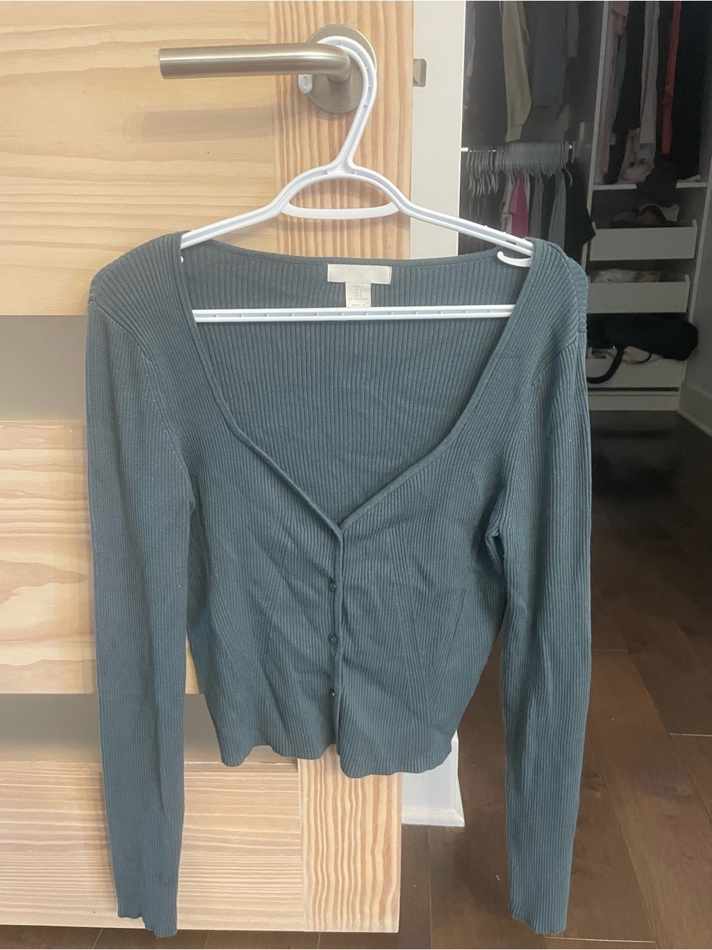 H&M Ribbed Long-Sleeve Button-Front Top - Dark Teal - L